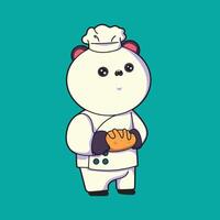 ilustração do uma panda ser uma chefe de cozinha com uma peça do pão dentro dele mão vetor