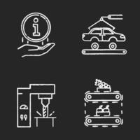 conjunto de ícones de giz de tipos de indústria. Engenharia Automotiva. sinal de informação. indústria do aço. produção de frutas. reparação de automóveis. fábrica de veículos. suprimento de comida. ilustrações vetoriais isoladas em quadro-negro vetor