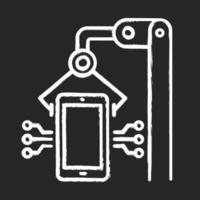 ícone de giz da indústria eletrônica. smartphone, produção de tablet. desenvolvimento de dispositivos portáteis. fábrica de dispositivos eletrônicos. maquinaria técnica. reparo de hardware. ilustração vetorial isolado quadro-negro vetor