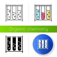 ícone de tubos de ensaio. química orgânica. trabalho de laboratório. interação com produtos químicos. prática científica, pesquisa. design plano, estilos linear, preto e colorido. ilustrações vetoriais isoladas vetor