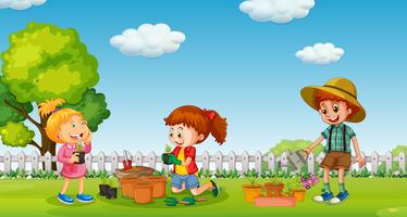 Crianças, plantar árvore, em, pote vetor