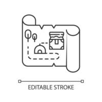 ícone linear do mapa do tesouro. manuscrito antigo. pergaminho antigo. baú de tesouro. artefatos históricos. pirata de ouro. ilustração de linha fina. símbolo de contorno. desenho de contorno isolado do vetor. curso editável vetor