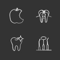 conjunto de ícones de giz odontológico. estomatologia. maçã mordida, cárie, dente brilhante, instrumentos dentários. ilustrações vetoriais isoladas em quadro-negro vetor