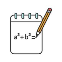 caderno com ícone de cor de fórmula matemática. rascunho. cálculos de álgebra. ilustração vetorial isolada vetor