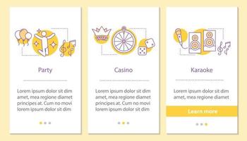 tela da página do aplicativo móvel de integração de entretenimento com conceitos lineares. instruções gráficas de etapas de festa, cassino, karaokê. modelo de vetor ux, ui, gui com ilustrações