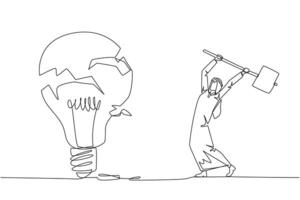 solteiro contínuo linha desenhando árabe homem de negocios preparando para bater uma grande lâmpada elétrica. a surra raiva. falhou para seguro uma brilhante o negócio ideia. destruição. 1 linha Projeto ilustração vetor