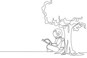 solteiro contínuo linha desenhando astronauta sentado lendo livro debaixo sombrio árvore. continuando segundo volume do a ficção história livro. apreciar leitura. livro festival. 1 linha Projeto ilustração vetor