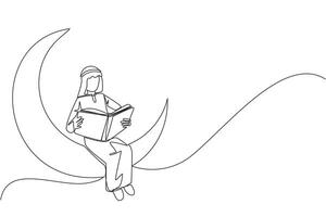 solteiro 1 linha desenhando árabe homem sentado em crescente lua lendo uma livro. metáfora do lendo uma fada história antes dormindo. ler até tarde. amor leitura. contínuo linha Projeto gráfico ilustração vetor