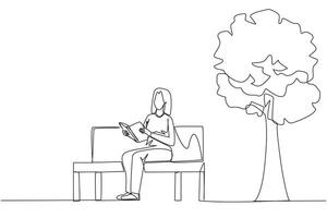 solteiro 1 linha desenhando mulher sentado em parque Banco lendo a livro. aprender de relendo a livro didático. ler para pegue máximo marcas. lendo aumentar entendimento. contínuo linha Projeto gráfico ilustração vetor
