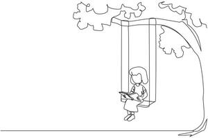 contínuo 1 linha desenhando menina sentado em balanço debaixo uma sombrio árvore lendo uma livro. Alto entusiasmo para leitura. ler em qualquer lugar. lendo aumenta entendimento. solteiro linha desenhar Projeto ilustração vetor
