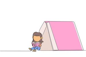 contínuo 1 linha desenhando menina sentado dentro frente do uma ampla em forma de tenda livro. lendo a aventura ficção livros dentro a selvagem. viciado para leitura. livro Festival. solteiro linha Projeto ilustração vetor