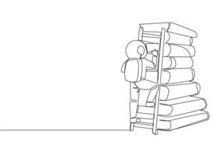 contínuo 1 linha desenhando astronauta sobe uma ampla pilha do livros com uma escada. mundo janela livro metáfora. lendo aumenta conhecimento. cosmonauta. solteiro linha desenhar Projeto ilustração vetor