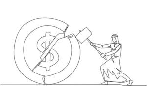 contínuo 1 linha desenhando árabe homem de negocios preparando para bater moeda com dólar símbolo. falhou para pegue Novo investidor. falhou para pegue renda. expressando raiva. solteiro linha desenhar Projeto ilustração vetor