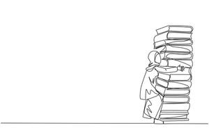 contínuo 1 linha desenhando árabe mulher abraçando muito Alto pilha do livros. passatempo para colecionar e lendo livros. o preenchimento livre Tempo com útil coisas. ler. solteiro linha desenhar Projeto ilustração vetor