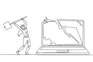 solteiro 1 linha desenhando empresária preparando para bater computador portátil. tumulto. destruindo tecnologia este não podes estar usava Otimamente. melhoria hardware e inteligência. contínuo linha Projeto gráfico ilustração vetor