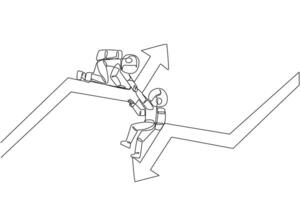 solteiro 1 linha desenhando astronauta ajuda colega escalar seta símbolo. trabalho em equipe para levantar Melhor nível junto. melhor parceiro sempre. manter coesão. contínuo linha Projeto gráfico ilustração vetor