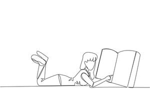 solteiro 1 linha desenhando mulher deitado em dela estômago lendo uma grande livro. apreciar lendo livros dentro uma variedade do estilos. lendo aumenta entendimento. amor leitura. contínuo linha Projeto gráfico ilustração vetor