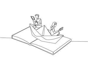 contínuo 1 linha desenhando homem mulher lendo livro em uma papel barco. manter a Boa hábitos. a metáfora do lendo pode explorar oceanos. livro festival conceito. solteiro linha Projeto ilustração vetor