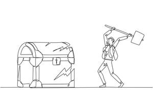 solteiro 1 linha desenhando homem de negocios preparando para bater uma grande Tesouro peito. tumulto. corrida Fora do capital. roubar. fazendo sujo negócios. não uma louvável. contínuo linha Projeto gráfico ilustração vetor