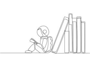 solteiro contínuo linha desenhando astronauta lendo sentado inclinado contra pilha do livros. hábito do lendo livro cada dia. biblioteca. Boa hábito. livro festival conceito. 1 linha Projeto ilustração vetor