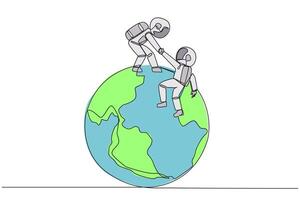 contínuo 1 linha desenhando jovem astronauta ajuda colega escalar grande globo. metáfora do alcançando topo do a mundo através aumentando negócios. trabalho em equipe. solteiro linha desenhar Projeto ilustração vetor