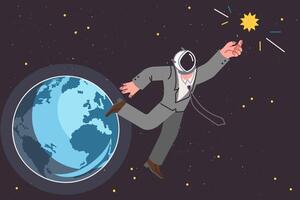 o negócio homem é vôo dentro espaço tentando para toque Sol com mão, indo em turista voar para dentro órbita vetor