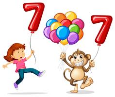 Menina e macaco com balão número sete vetor