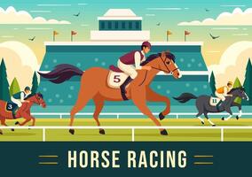 cavalo corrida concorrência ilustração com equestre desempenho esporte e cavaleiro ou jóqueis dentro uma pista de corrida em plano desenho animado fundo vetor