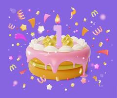 3d aniversário bolo com vela e confete popper serpentina desenho animado vetor