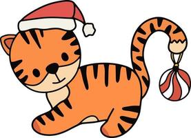 vetor pose em pé de tigre de bebê bonito ano novo. tigre com chapéu de Papai Noel e brinquedo redondo nas férias. clipart isolado de berçário