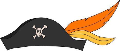 chapéu preto de pirata isolado de vetor com ilustração de penas. chapéu de capitão