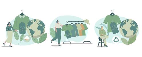 conjunto do eco amigáveis roupas sustentável, pessoas escolher para Comprar reciclado têxteis, reciclando e de Meio Ambiente Cuidado conceitos a respeito de moda. Projeto ilustração. vetor