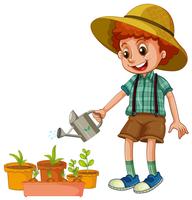 Um menino regando as plantas vetor