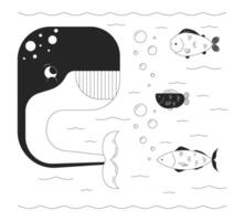 feliz baleia com peixes embaixo da agua Preto e branco 2d linha desenho animado personagens. profundo oceano criaturas isolado esboço personagens. pesquisando marinho vida monocromático plano local ilustração vetor