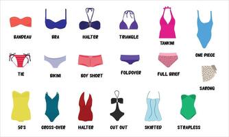 conjunto do bikini maiôs, tipos e estilos do bikini vetor