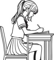 Alto escola fêmea aluna ler esboço desenho. vetor