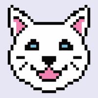 fofa pixel branco gato cabeça. animal 8 mordeu ícone. gatinho com azul olhos vetor