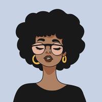 jovem Preto mulher retrato. lindo africano americano com encaracolado cabelos, oculos de sol e dourado brincos vetor