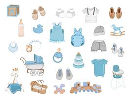 bebê Garoto roupas brinquedos e equipamento ilustração elementos conjunto vetor