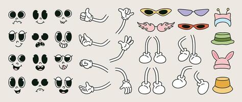 conjunto do Anos 70 groovy quadrinho . coleção do desenho animado personagem rostos dentro diferente emoções, mão, luva, copos, chapéu, sapato. fofa retro groovy hippie ilustração para decorativo, adesivo. vetor