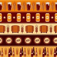 desatado geométrico padronizar com ícones do barril, Cerveja latas, copos, garrafa cápsulas. horizontal listrado fundo. Boa para marca, decoração do Cerveja pacote, cobrir projeto, decorativo imprimir. vetor