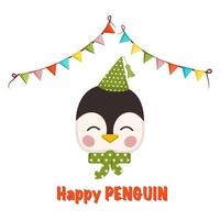 pinguim bonito no estilo de crianças com decorações festivas para as férias. animal engraçado com cara feliz, boné, arco e guirlanda de bandeiras. ilustração em vetor plana