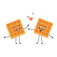 waffle belga de personagem fofo com emoções de amor, rosto de sorriso, braços e pernas. pessoa de cozimento alegre, sobremesa com expressão amorosa. ilustração em vetor plana