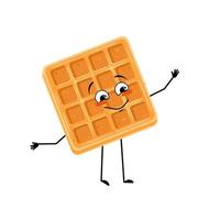 waffle belga de personagem fofo com emoções felizes, rosto, sorriso, olhos, braços e pernas. pessoa de cozimento alegre, sobremesa com expressão alegre. ilustração em vetor plana