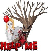 garota fantasma segurando um balão vermelho e uma árvore assustadora vetor