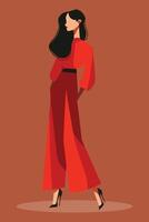 lindo moda mulher posando. mão estilizado moda modelo com oculos escuros. moda menina dentro vermelho vestir. à moda empresária. vetor