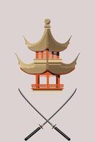 pagode e Katana cruzado. samurai bushido japonês tradição, Katana espada brigando símbolo, têmpora prédio. princípios do a caminho do vida do samurai, guerreiros, japonês cultura vetor
