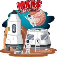 Marte é o futuro design do logotipo da palavra com estação espacial vetor