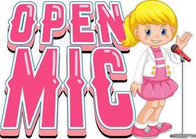 design de logotipo de microfone aberto com personagem de desenho animado cantora