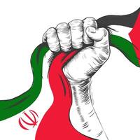 unidade conceito. mão segurando fita do Palestina e Eu corri bandeiras. punho cerrado palestino e iraniano bandeira fita ilustração isolado em branco fundo. vetor